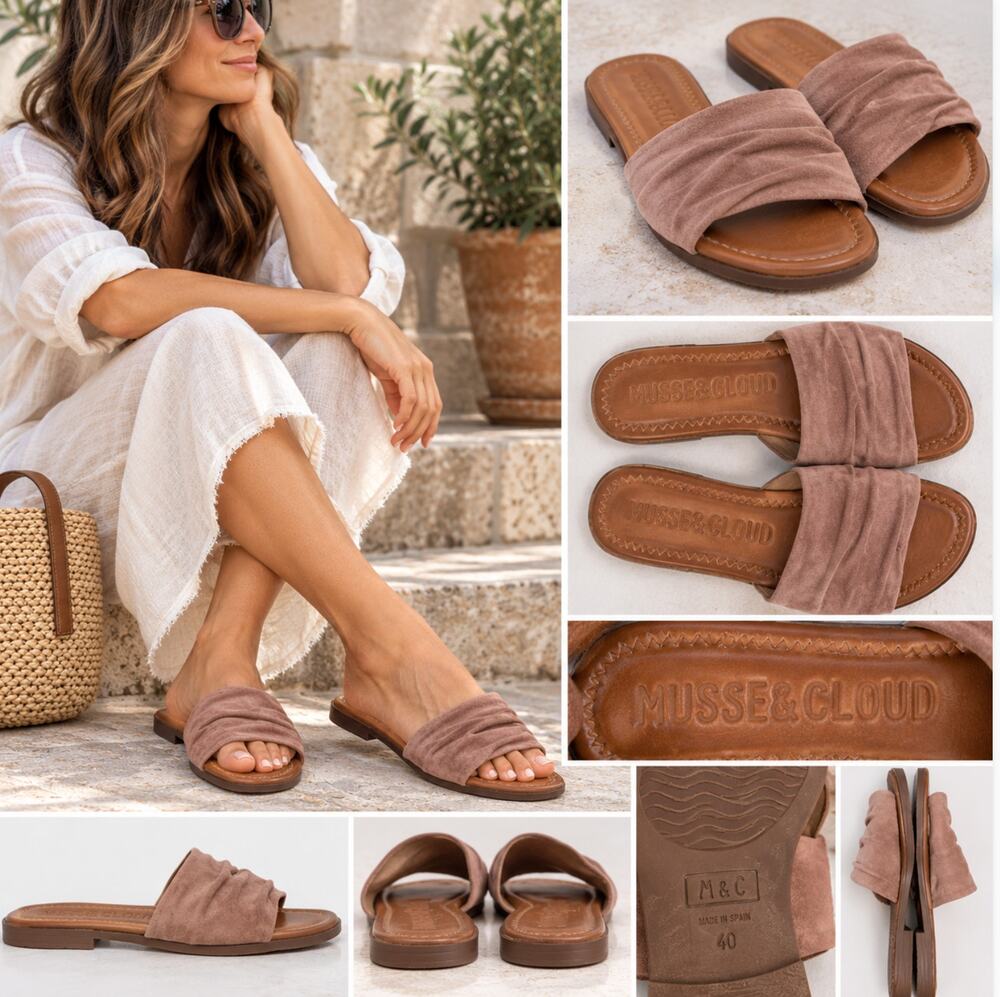 Musse & Cloud Leila Suede Ruched Slide Sandals Mauve Size 40 Made in Spain Boho